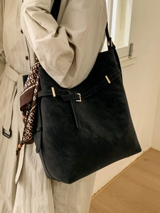 Large black suede tote bag for women with decorative scarf and gold buckle detail