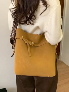 Large mustard yellow suede tote bag with decorative vintage scarf and metal buckle detail