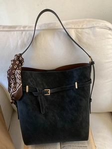 Retro black faux suede tote bag for women with decorative silk scarf and metal buckle