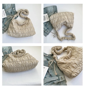 Detailed views of beige ruched cloud tote bag with puffy pleated texture and shoulder strap