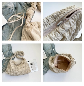 Detail shots of beige quilted nylon cloud bag showing pleated straps and zipper closure