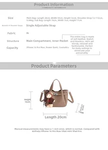 Tableau des tailles détaillé du sac seau en PU avec dimensions, poids et bandoulière