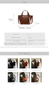 Detaillierte Größentabelle und Farboptionen für die Vintage PU Eimertasche mit Maßen
