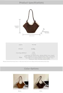 Size chart and details of the suede tote bag with plush trim and adjustable straps