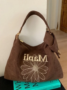 Vintage Women Suede Large Capacity Tote Bag Daisy Embroidery Hobo Shoulder Bag Khaki Coffee Casual Versatile Underarm Bag