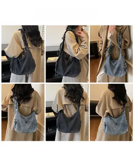 Hobo denim shoulder bag with pleated handle shown from multiple model angles