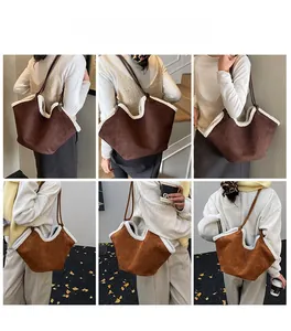 Detailed views of large capacity suede tote bags with fuzzy faux shearling trim accents