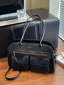 Classic black leather tote bag with multi-pockets and detachable shoulder strap for work