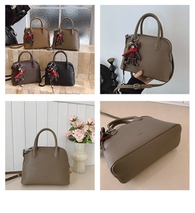 Detailed views of leather shell handbags featuring bear charms and removable straps