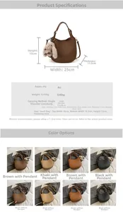 Detailed chart showing leather bucket bag dimensions and color options with rabbit charm