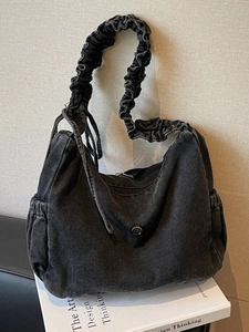 Vintage Washed Denim Hobo Bag Ruched Strap Large Capacity Casual Crossbody Bag For Women Korean Fashion Shoulder Bag