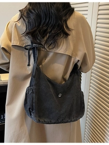 Retro washed denim crossbody hobo bag with adjustable bow shoulder strap and large capacity