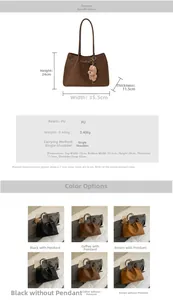 Schema dettagliato con dimensioni della borsa tote in PU e opzioni di colore