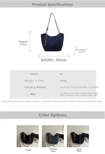 Size chart showing denim tote bag dimensions 40x27x12cm with material and color details