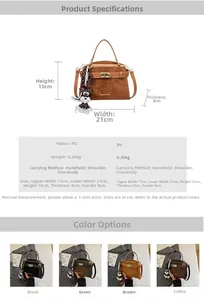 Detailansicht der kleinen PU-Leder-Handtasche mit vier Farben, Maßen und Puppenanhänger