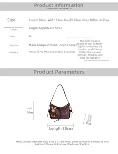 Tableau des tailles et dimensions pour le sac à bandoulière rétro en cuir PU de grande capacité