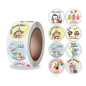 Pegatinas de Etiquetas Redondas Happy Birthday Animales Mono Para Decoración Embalaje Regalo Papel Estucado Sello