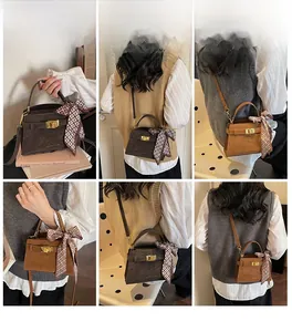 Detail shots showing the versatile wear of a retro suede handbag with scarf detail