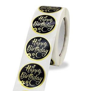 Rouleau d'autocollants ronds noir et or Happy Birthday avec motifs de chapeaux