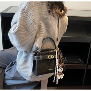 Nahaufnahme der schwarzen Vintage-Tasche mit Goldverschluss und Hund-Anhänger-Dekor