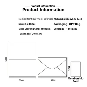 Rainbow thank you cards product dimensions and 250g cardstock specification diagram