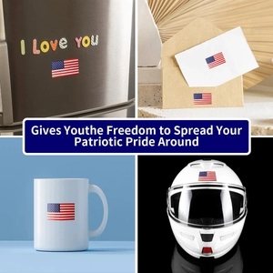 Square USA flag and I Love You stickers shown on a fridge, envelope, mug, and helmet