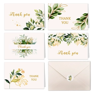 Watercolor Floral Thank You Cards With Envelopes And Stickers Botanical Green Gold Leaf Greeting Cards For Wedding Business Gift