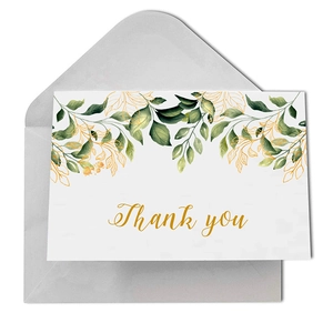 Elegant watercolor floral thank you card with gold lettering and grey envelope