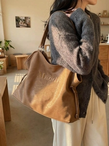 Retro large caramel tote bag with floral print and adjustable drawstring side