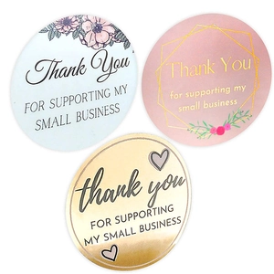 Three colors of Thank You stickers for small business packaging in white, pink, and gold