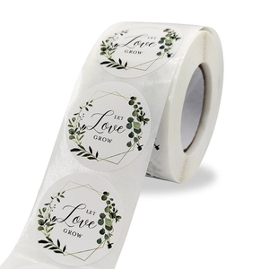 Rolle weißer Let Love Grow Sticker mit botanischen Blättern und goldener Geometrie