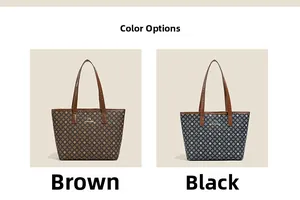 Detail view of brown and black tote bags with floral patterns and metal logos