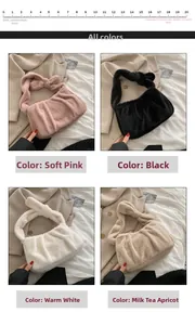 Grille détaillée montrant des sacs à main en peluche rose, noir, blanc et abricot