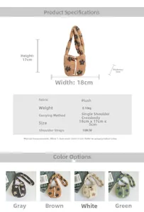 Detail view of mini plush floral crossbody bags in four colors with size specifications