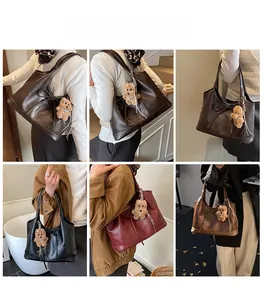 Multiple views of large capacity tote bag with bow detail and cute teddy bear pendant