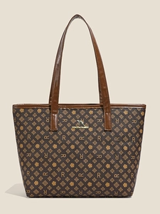 Women's Large Capacity Tote Bag PU Leather Monogram Print Shoulder Bag For Daily Commuter Fashion Trendy Handbag