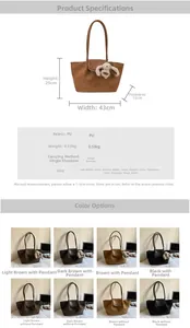 Size chart showing large PU leather tote bag dimensions 43x25x13cm for women shoulder bag
