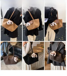 Detail shots of large suede tote bags with plush bunny charms in different autumn colors