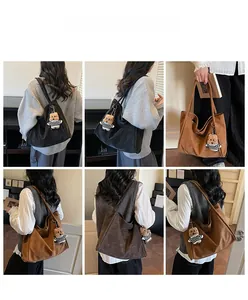 Detailed views of a large suede tote bag with a bear charm shown from multiple angles
