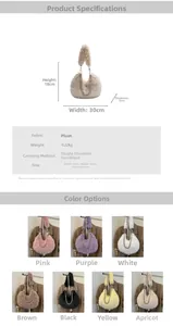 Détails du sac demi-lune en peluche avec chaîne perlée, dimensions et options de couleurs