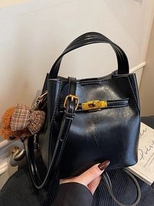 Borsa a Secchiello da Donna in Pelle PU Vintage Con Ciondolo Orsetto Tracolla Retrò Grande Capacità Borsa di Lusso