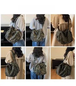 Detailed views of large camouflage and leopard print messenger bags on a model