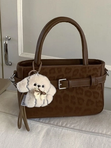 Borsa a Tracolla da Donna Vintage in Pelle PU con Stampa Leopardata Piccola Borsa a Mano Quadrata con Ciondolo a Cane