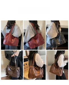 Detail view of large faux leather tote bags in burgundy black coffee and caramel colors