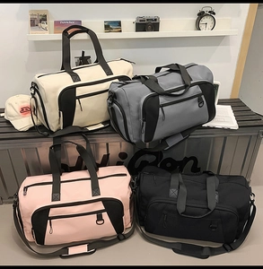 Detailed display of casual travel bags in cream, pink, gray, and black colors