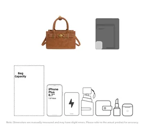 Detalle que muestra la capacidad del bolso vintage marrón para móvil y cartera