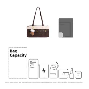 Detail view of brown suede shoulder bag capacity with plush trim and accessories