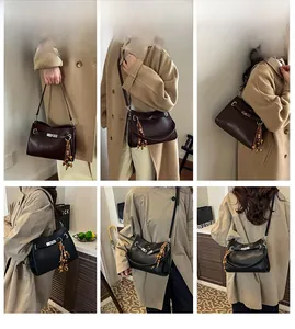Detailed views of vintage crossbody tote with metal lock and wooden bead charm accessory