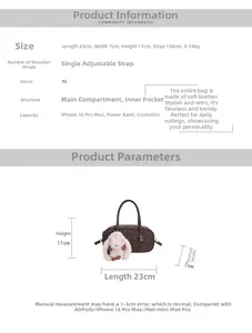Detailed size chart and parameters for retro PU leather satchel with dimensions and capacity