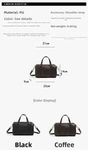 Size chart showing PU leather Boston bag dimensions 22x9x14cm and strap length details